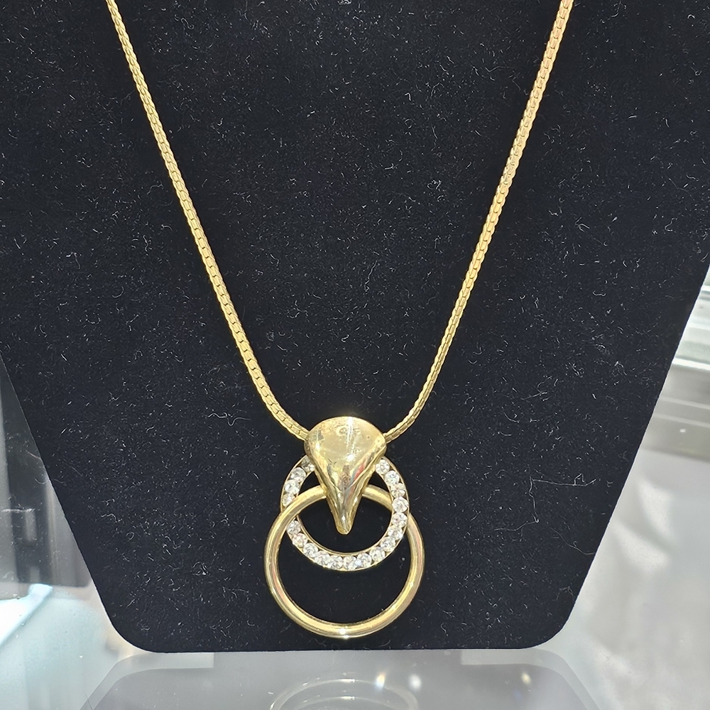 Gold Set, Double Ring Necklace With Crystal Rhinestone , Post Earrings